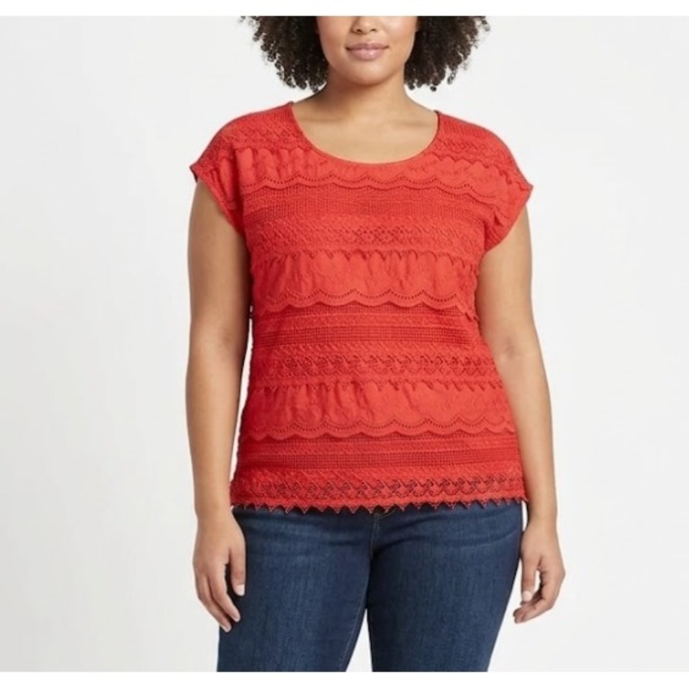 New Chico's Orange Carly Crochet Round Neck Stretch Top size Medium